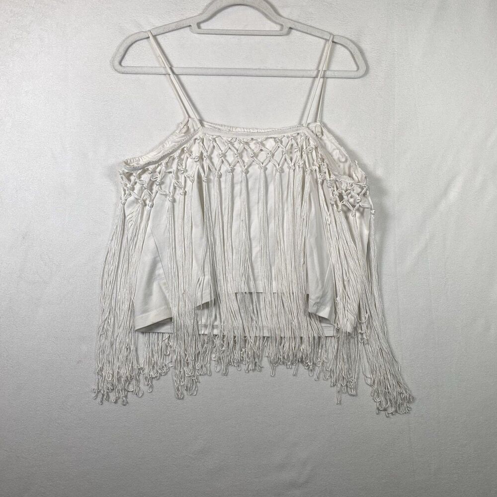 Anthropologie Boho Macrame Fringe Tank Top White Cotton Blend Size L Festival
